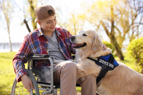 A teenager in a wheelchair at a park, smiling with a service dog at his side
