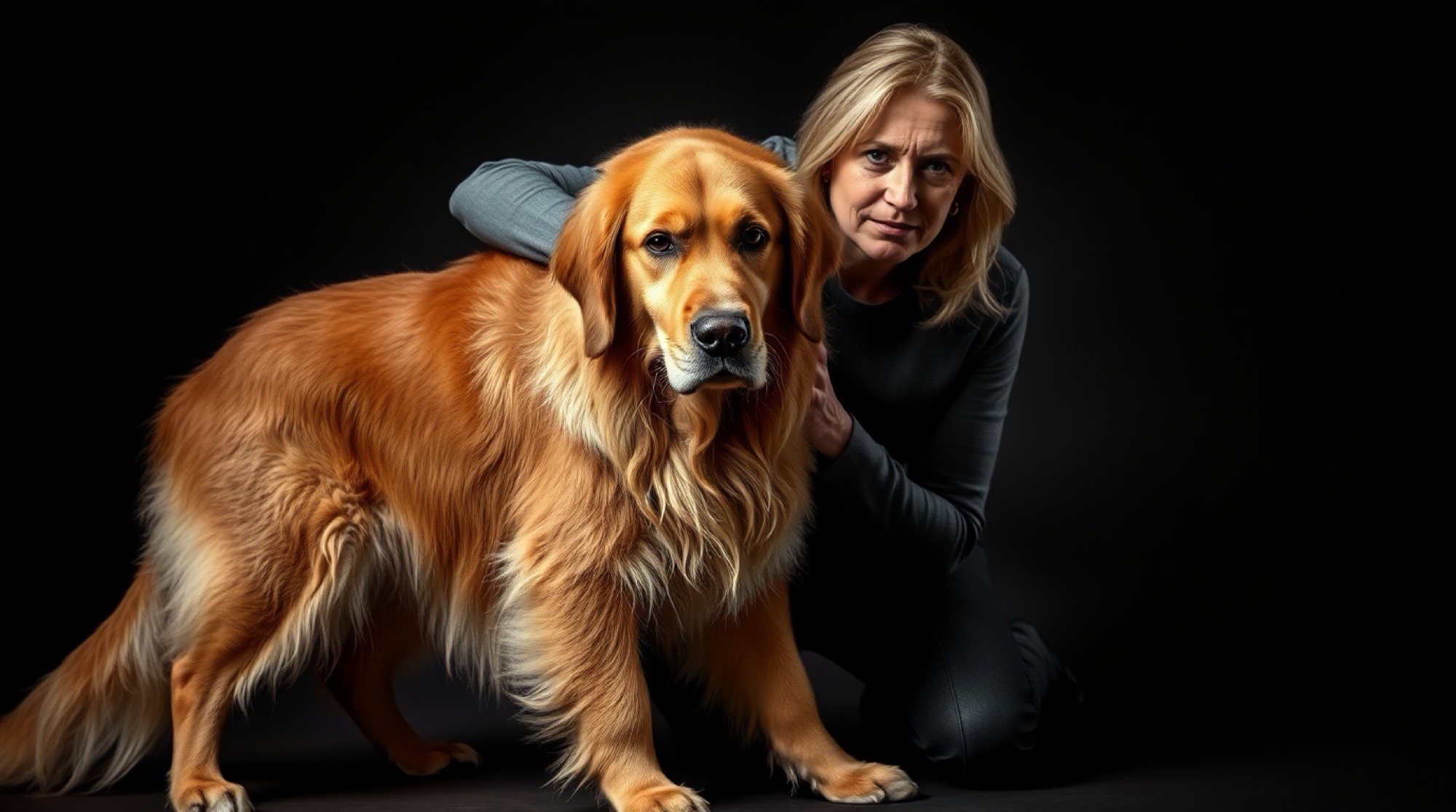 A woman kneeling and bracing an arm across a large golden retriever standing steadily beside her