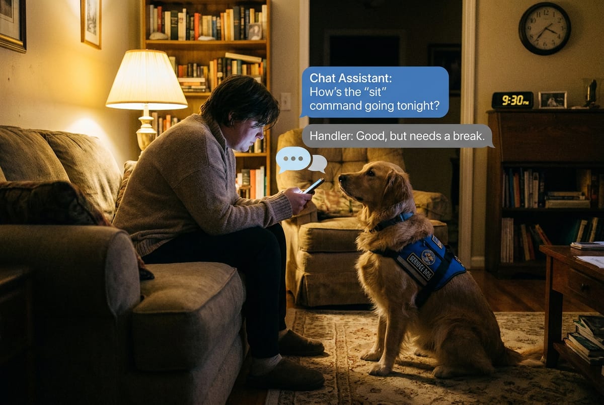 A handler at home in the evening getting training help from an AI chat assistant while their service dog looks on