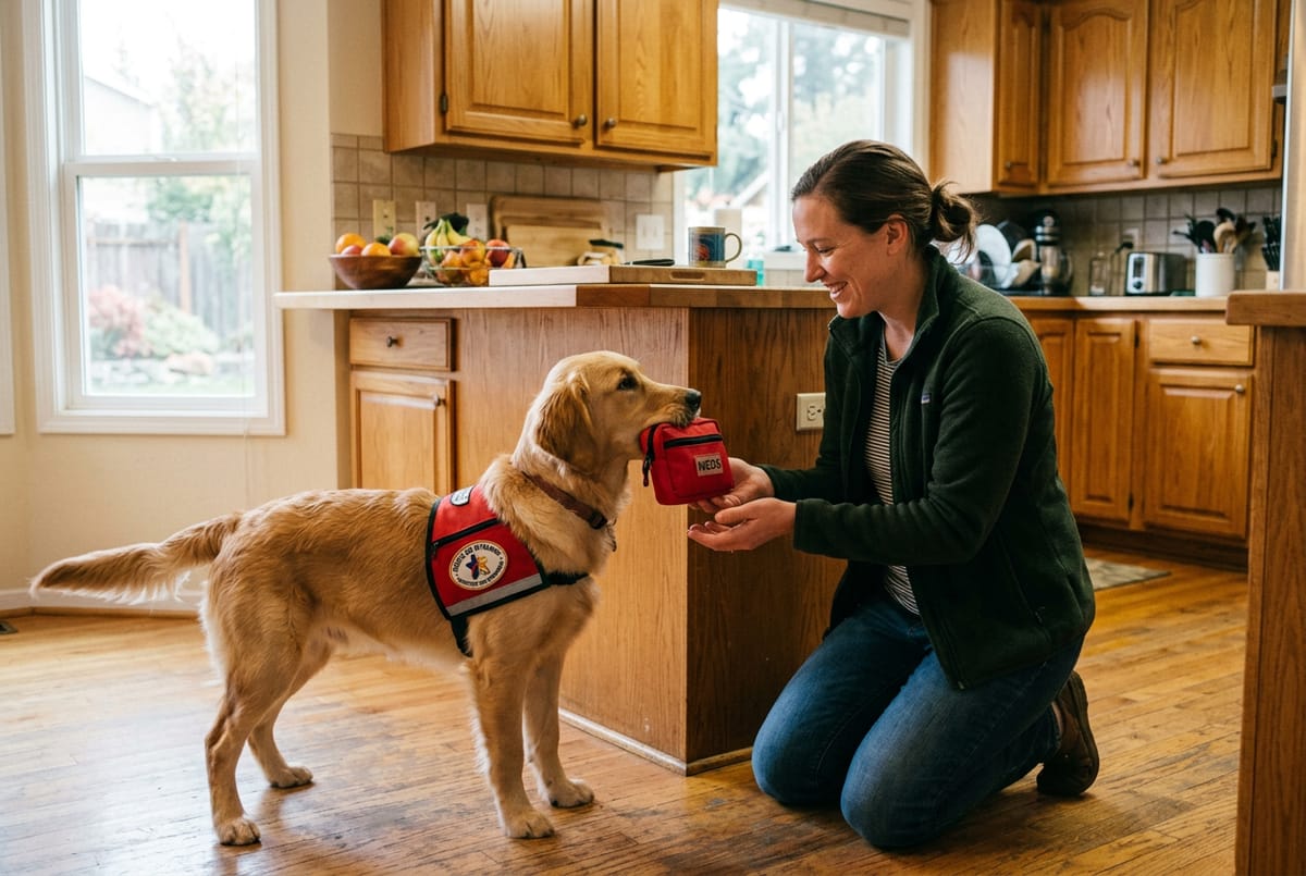 A trainer in a country kitchen receiving a medicine pouch her service dog retrieved from the counter
