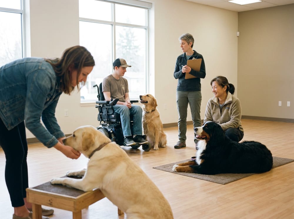 A small-group training class working service dogs on foundational skills indoors