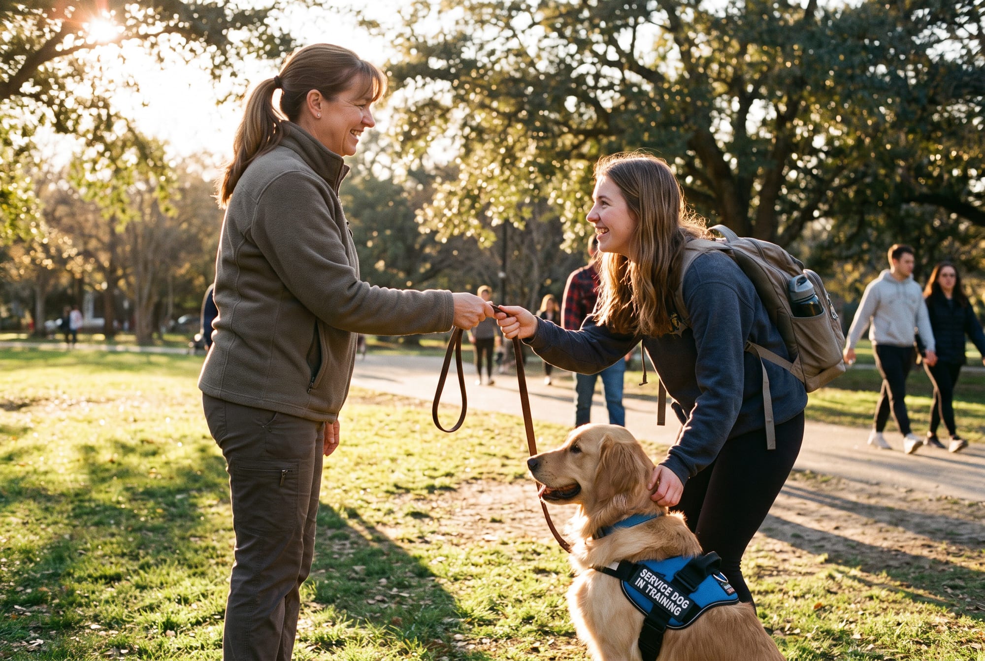 An Arizona Goldens trainer transitioning a service dog to its new handler