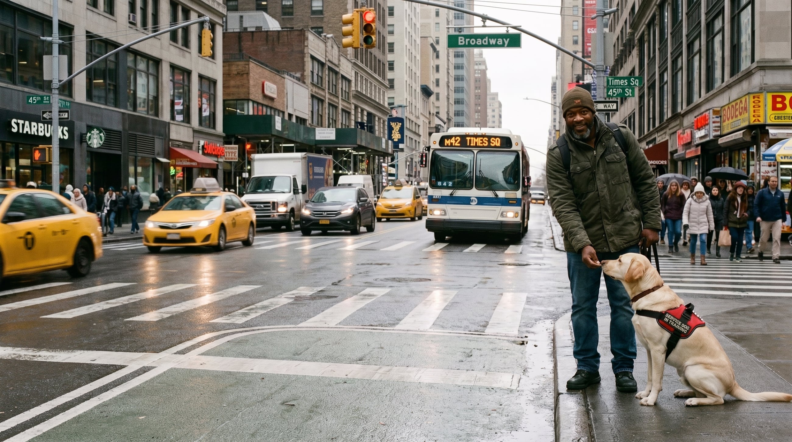 A handler standing at a busy New York City street corner, giving his Labrador service-dog-in-training a treat as a city bus and traffic pass