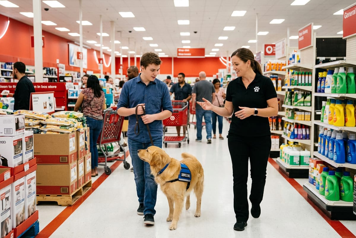 An Arizona Goldens trainer coaching a client and their service dog through a retail store