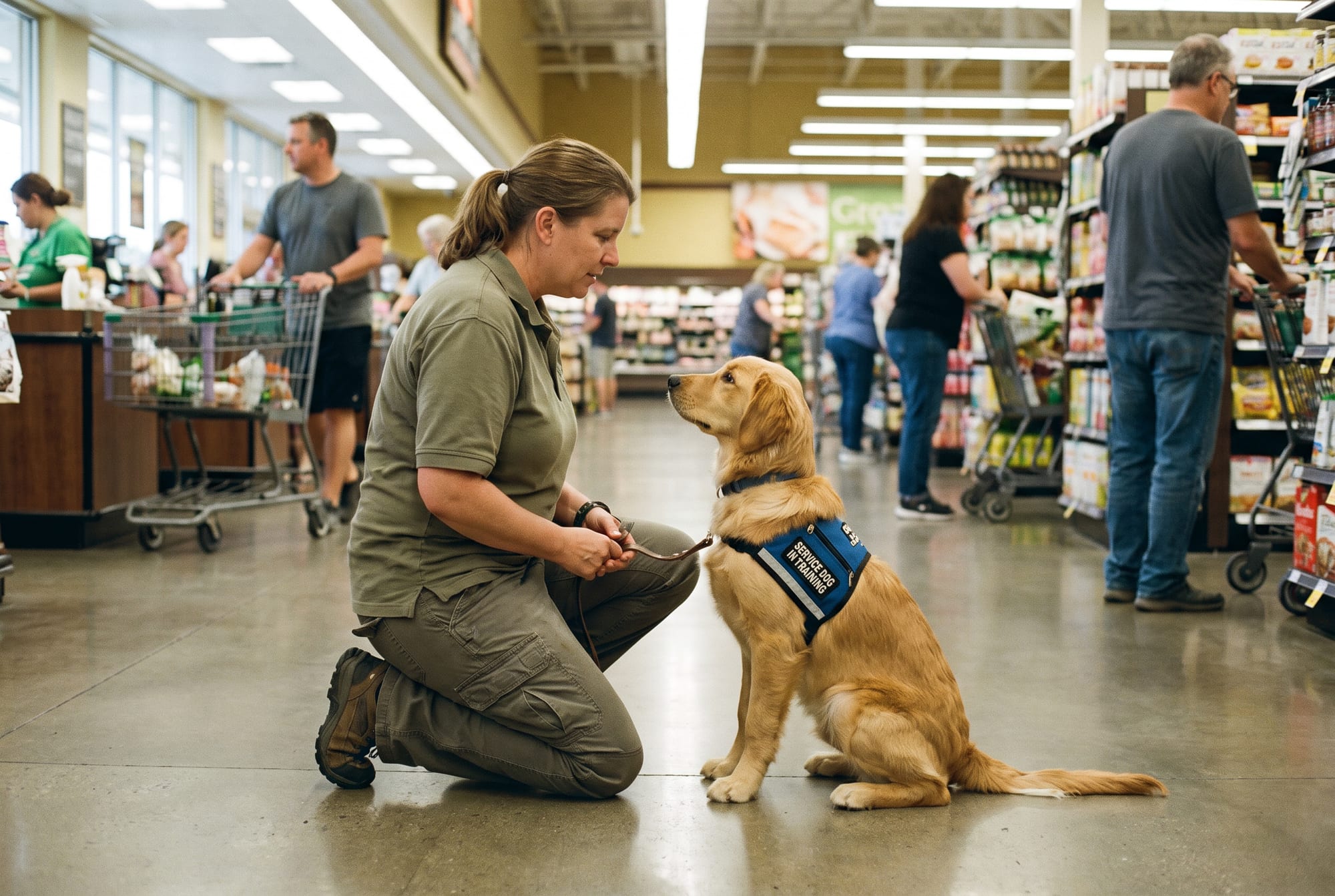 Arizona Goldens trainer guiding a golden retriever in a Service Dog In Training vest through public-access work in a store