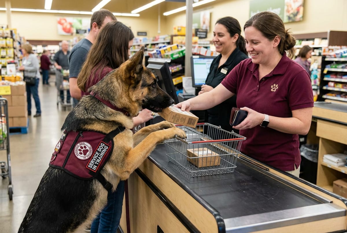 A trainer helping a German shepherd service dog place groceries on the checkout counter for its handler