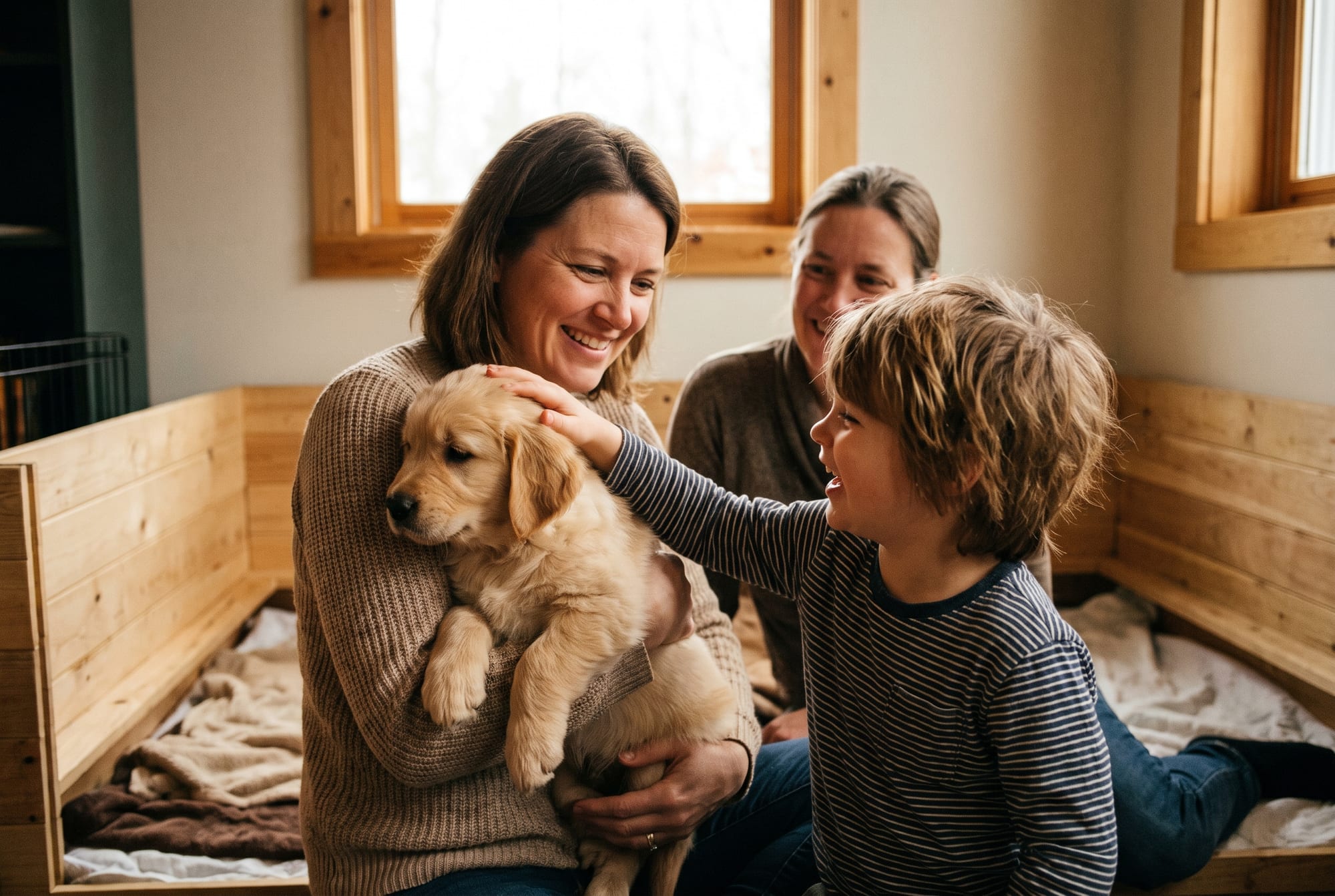 A family meeting and choosing their new puppy at a reputable breeder
