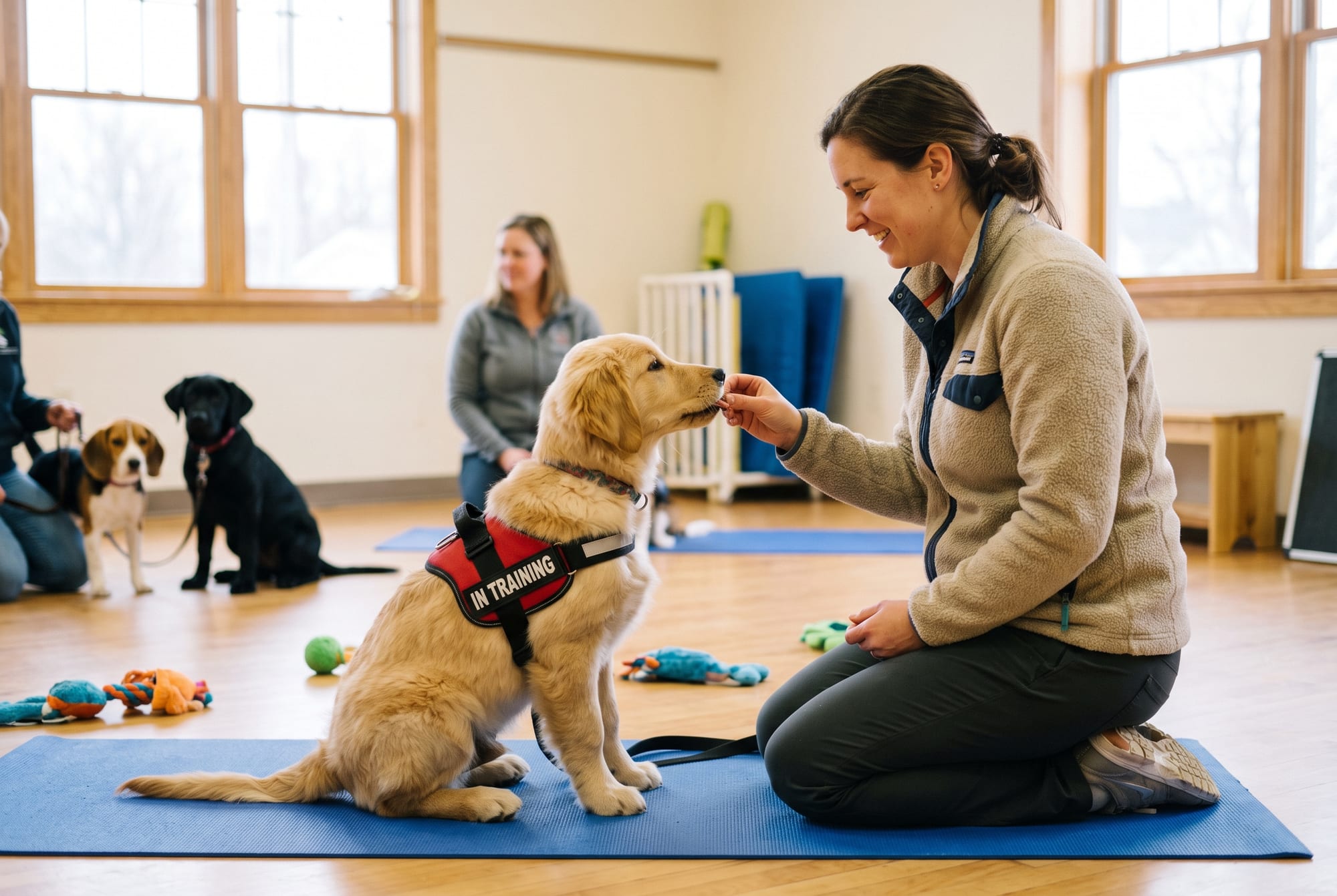 A trainer working with a young service dog in training on foundational skills