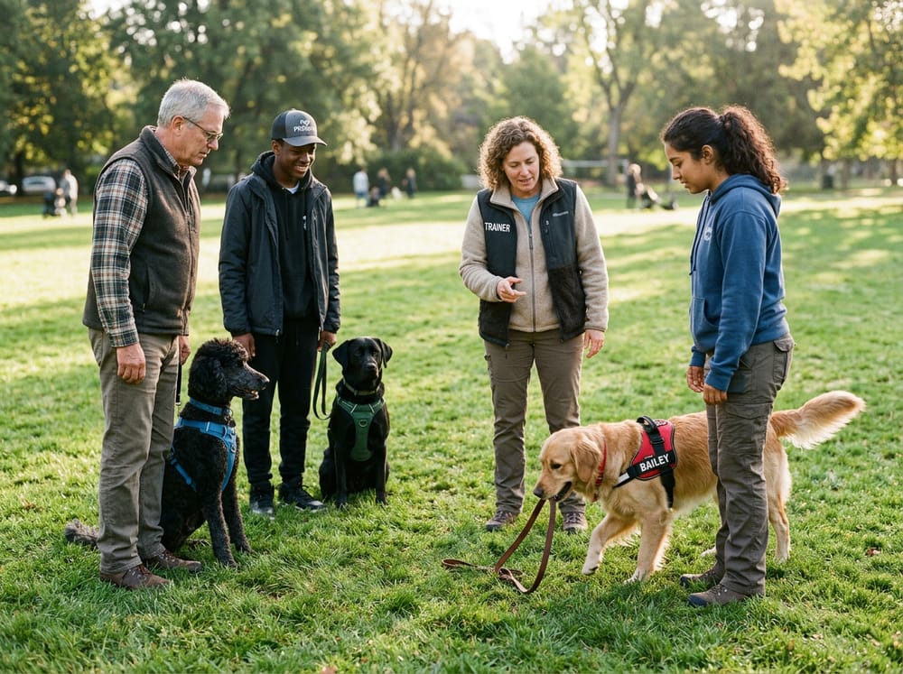 A small weekend workshop group practicing service-dog obedience together outdoors