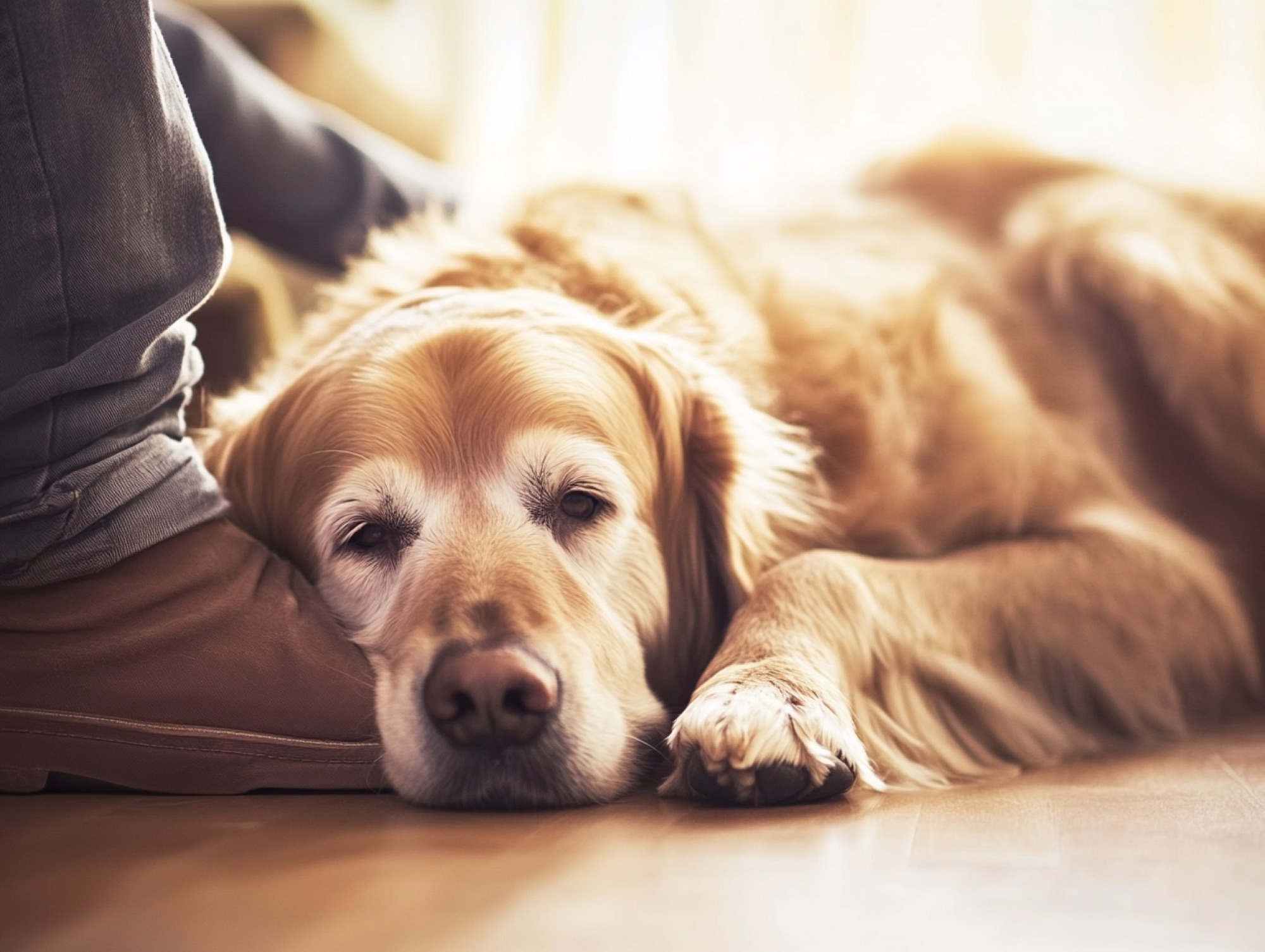 A golden retriever resting its head calmly beside its handler's feet at home