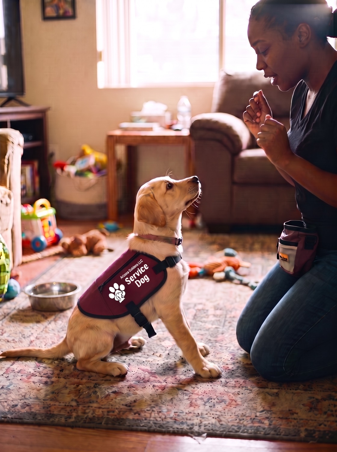 A yellow Labrador puppy holding a down-stay on a living room rug while their handler signals stay
