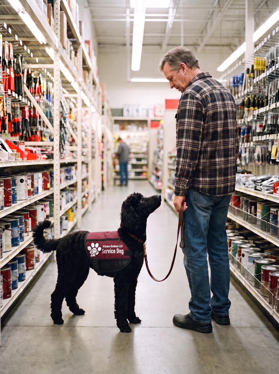 A black standard poodle walking in a loose heel beside their handler down a quiet store aisle