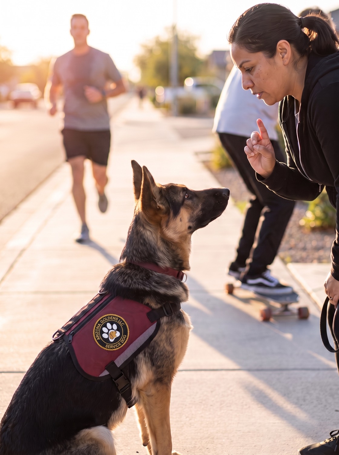 A German shepherd holding focus on their handler&rsquo;s hand signal as a jogger and a skateboarder pass