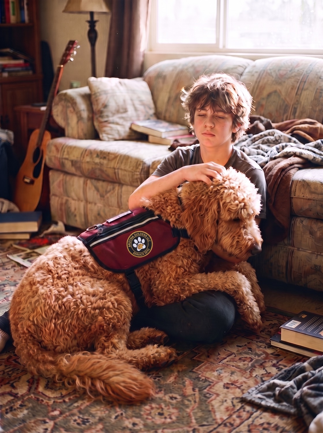A goldendoodle performing deep pressure therapy across a teenager&rsquo;s lap at home