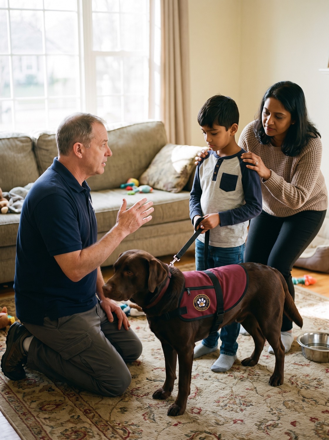 An AZG coach working with a parent and child at home, the child holding their service dog&rsquo;s leash