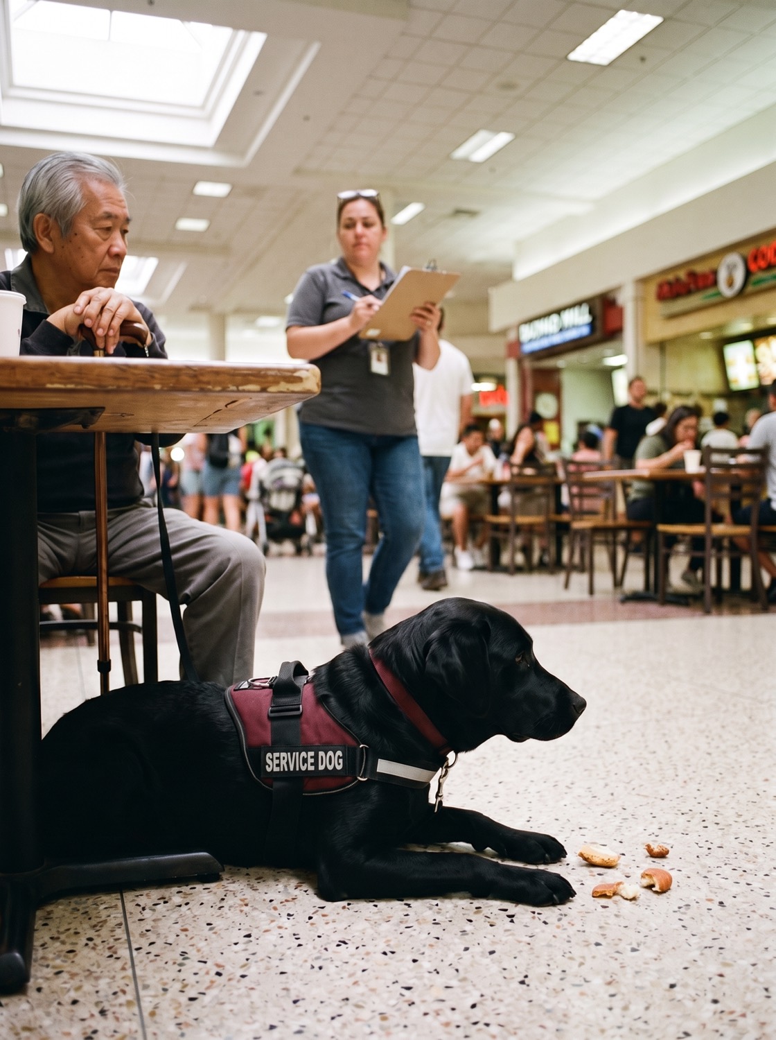 A black Labrador settled in a down under a food-court table, ignoring dropped food during a public access evaluation
