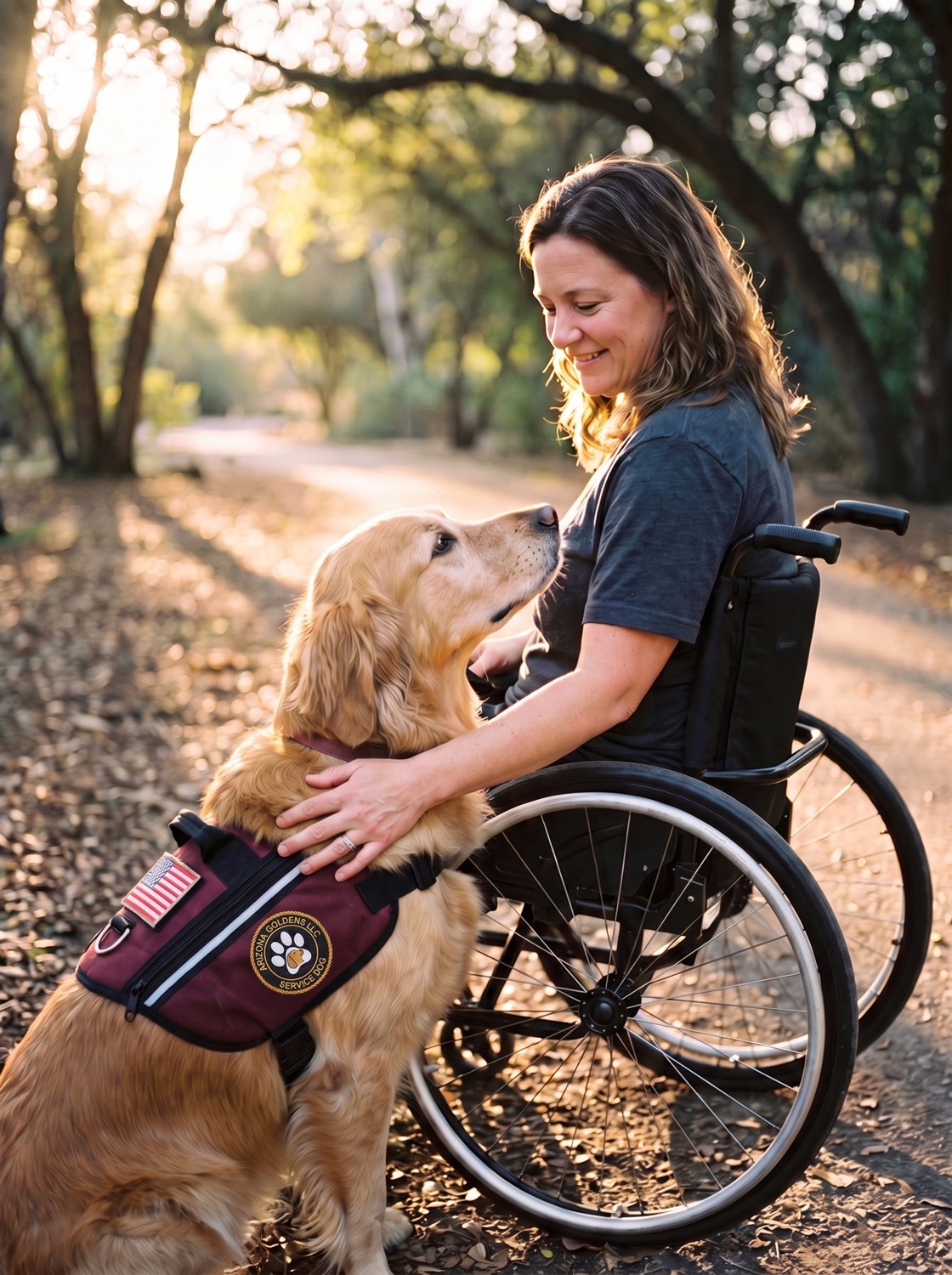 A golden retriever resting against their handler&rsquo;s wheelchair on a park path after finishing work