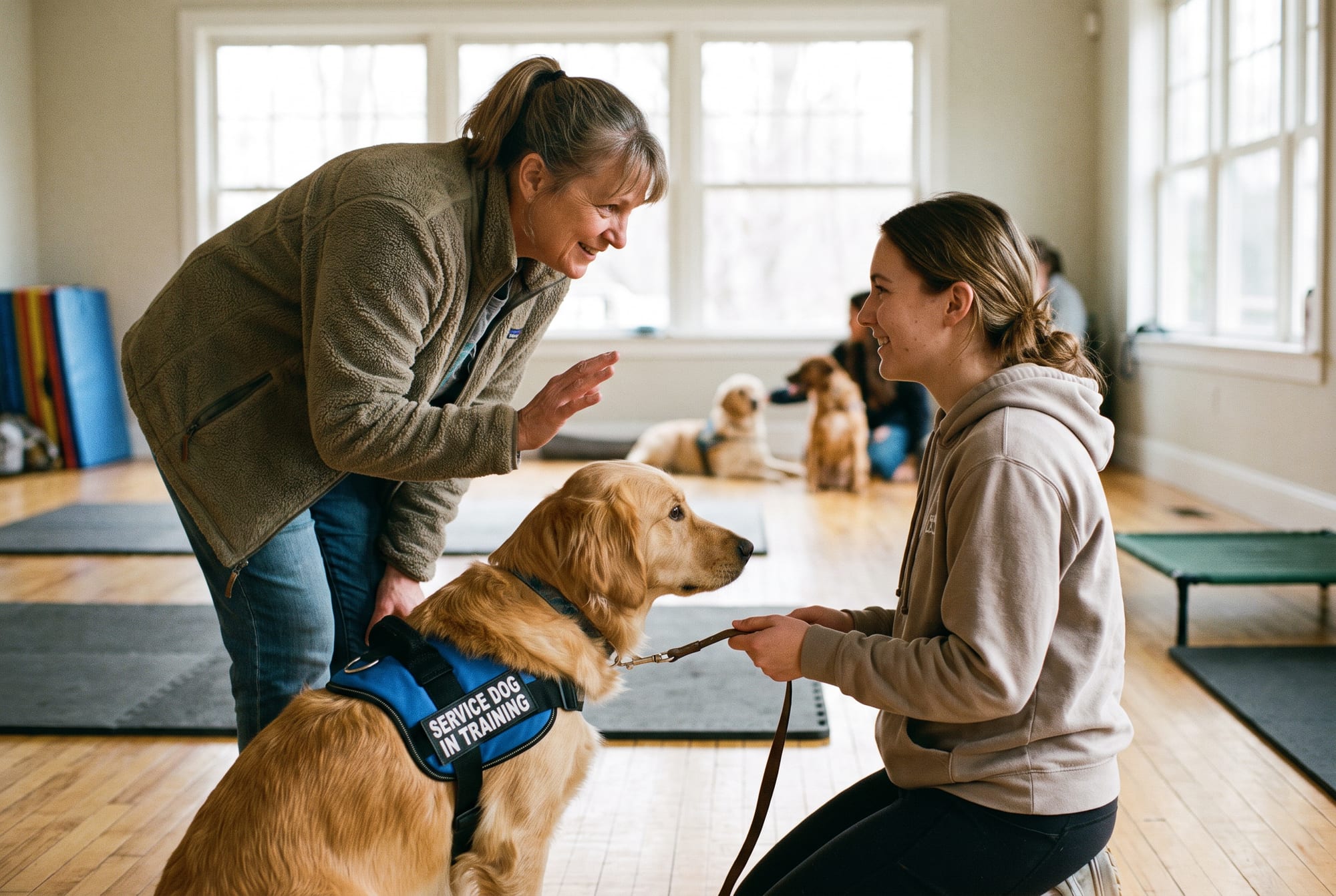 An Arizona Goldens coach guiding a handler and her golden retriever during a group training session