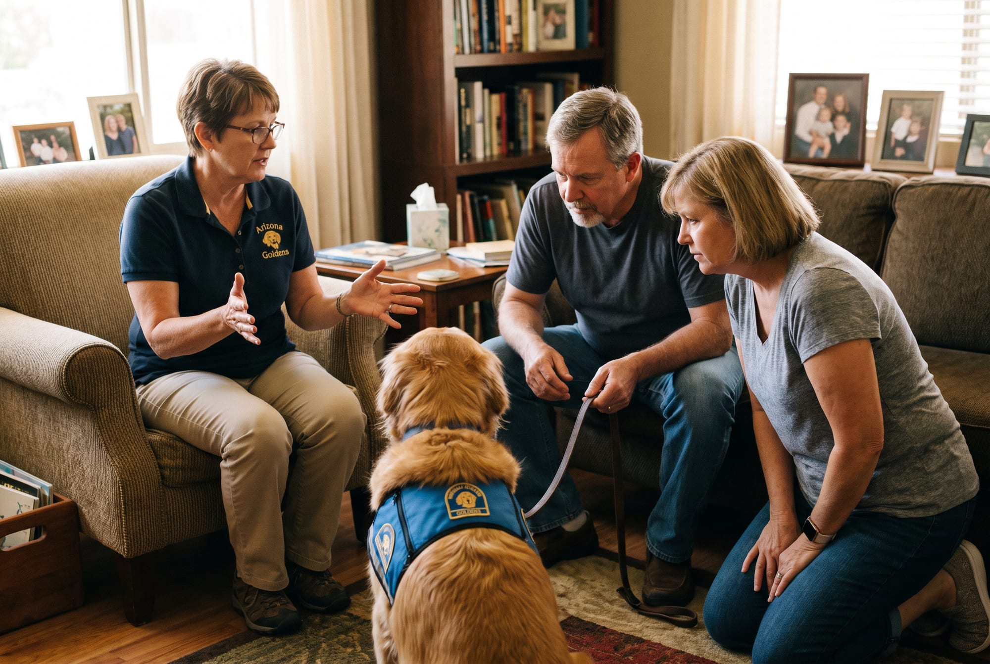 An Arizona Goldens trainer coaching a couple in their own living room during an in-home bootcamp