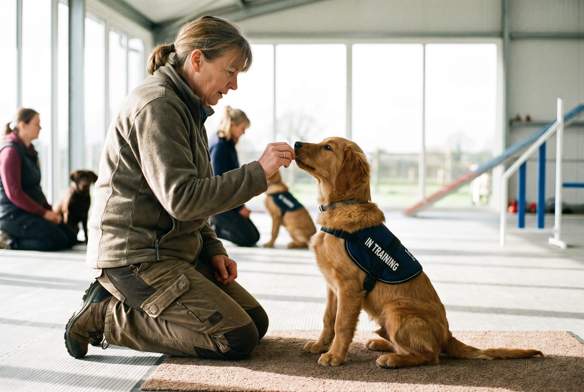 A professional trainer working with a young golden retriever puppy on early obedience