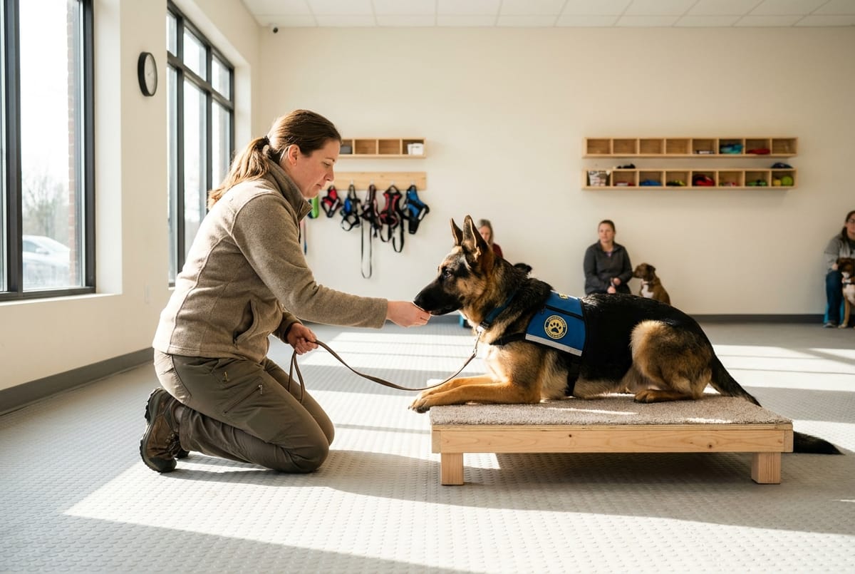 A trainer working a German shepherd on a place platform in a clean, modern training studio