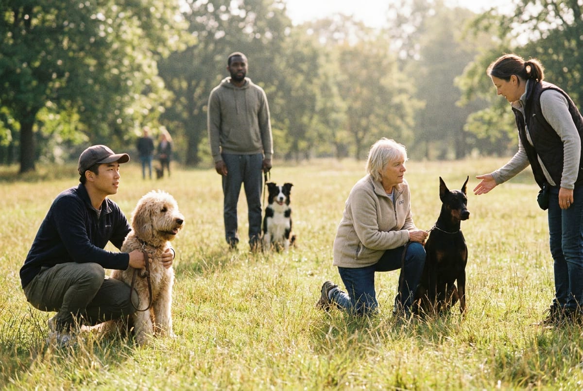 A small outdoor group class practicing down-stays with several different service-dog breeds