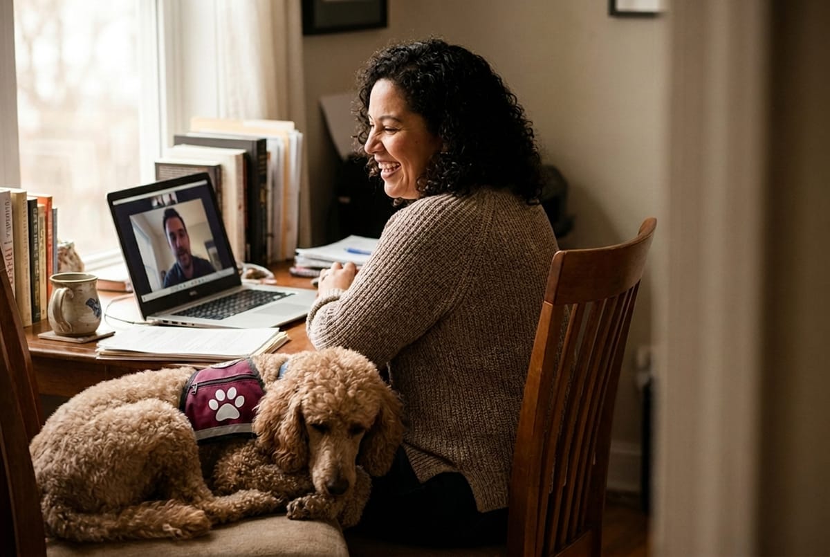 A handler getting remote coaching over a video call while her poodle service dog rests beside her