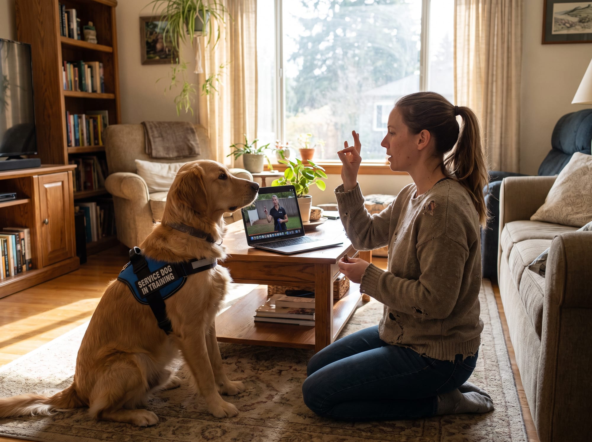 A handler training her golden retriever at home, following an online lesson