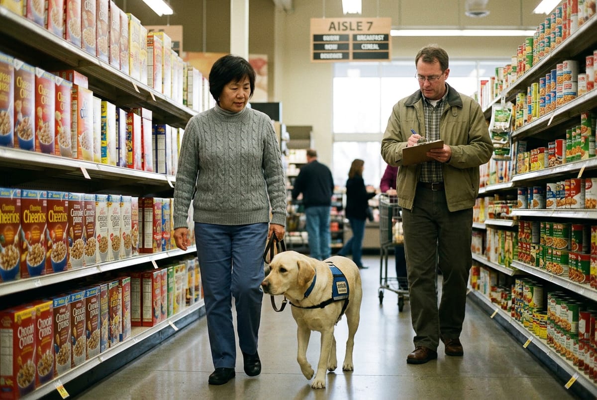An evaluator with a clipboard observing a handler and Labrador during a formal public-access test in a store