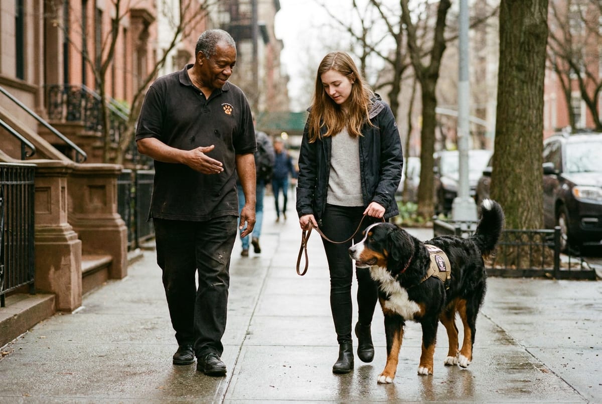 An Arizona Goldens trainer giving a client one-on-one guidance with their Bernese mountain dog on a city sidewalk