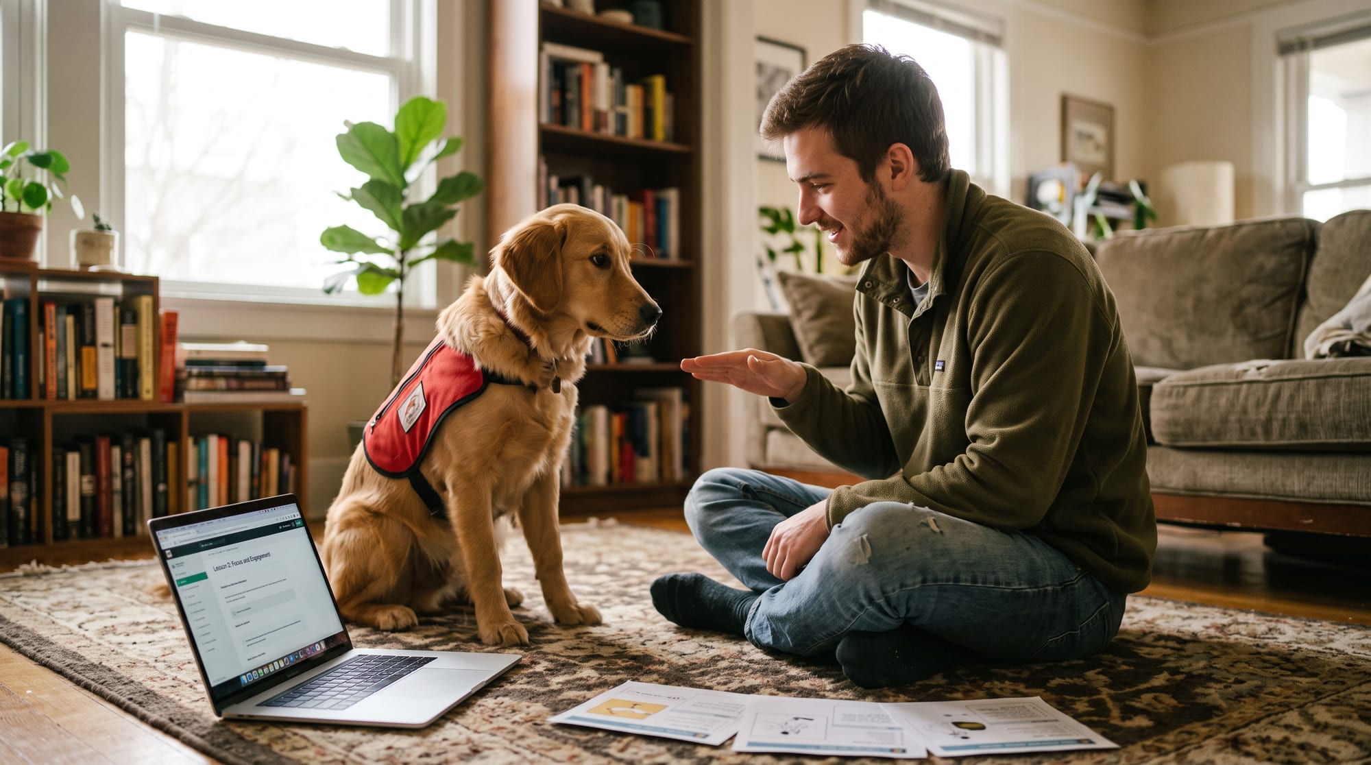 A young man training his own golden retriever at home, following an online lesson on a laptop