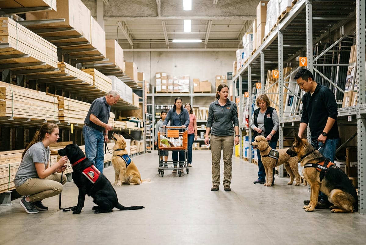 A weekend group practicing public access with their service dogs inside a home-improvement store, the aisle center kept clear