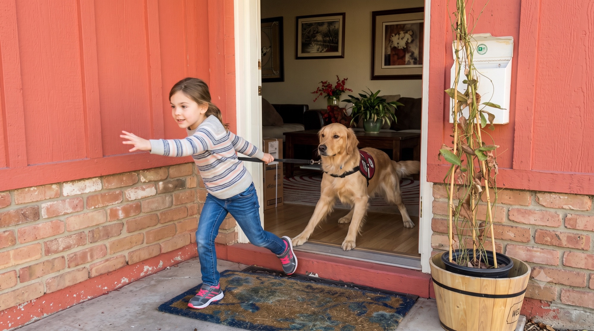 A young girl darting out the front door while her golden retriever service dog braces against the leash in the doorway