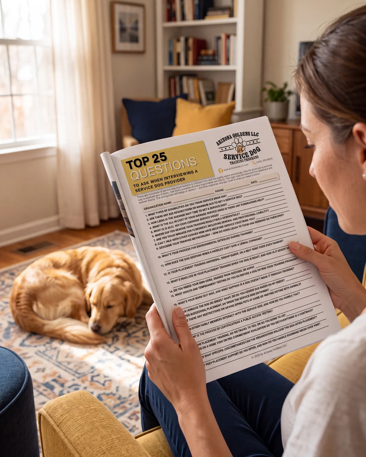A woman reading the printable Top 25 Questions checklist from the toolkit, a golden retriever resting nearby